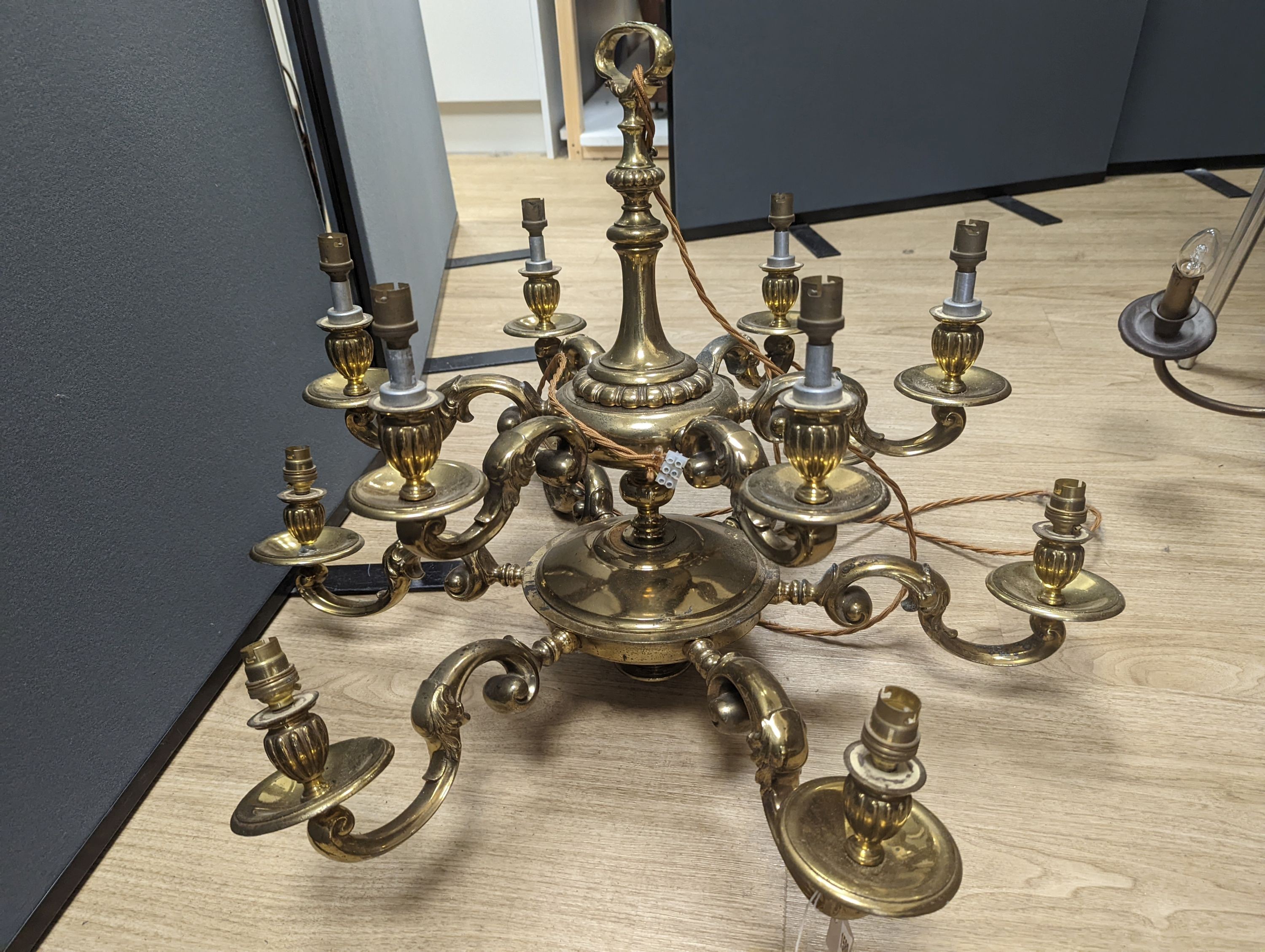 A brass 12-light chandelier